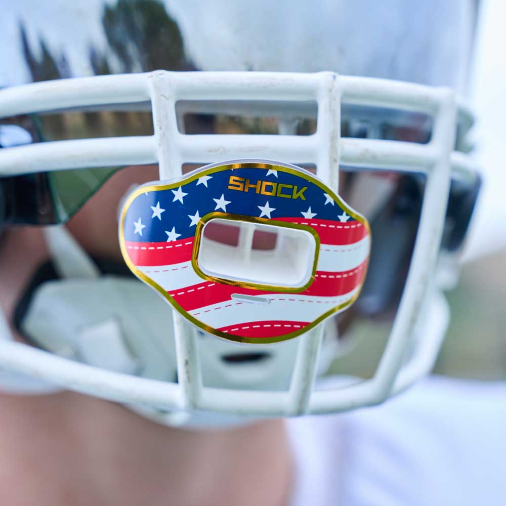 Max AirFlow Football Mouthguard - Chrome Silver Stars & Stripes / Gold