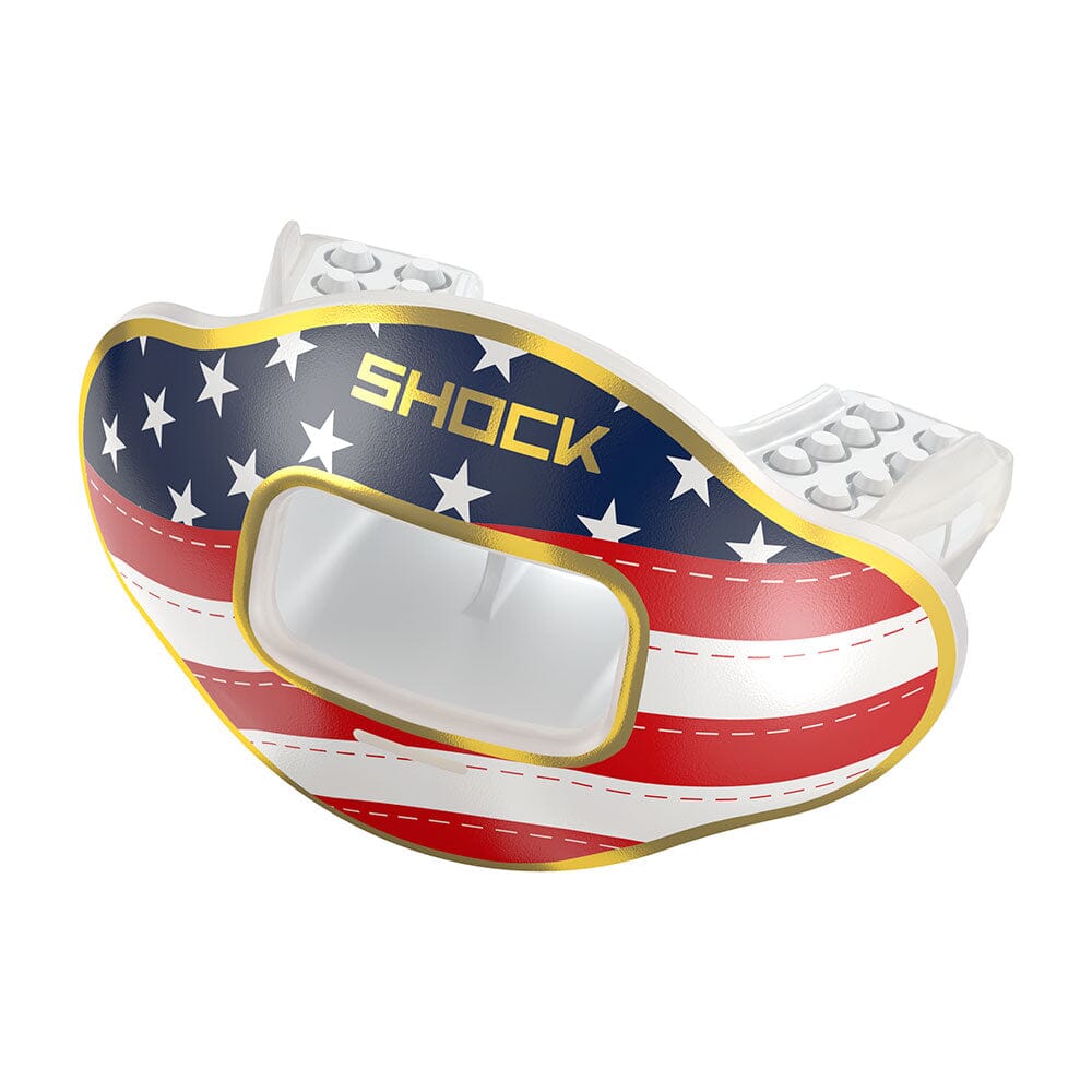 Max AirFlow Football Mouthguard - Chrome Silver Stars & Stripes / Gold
